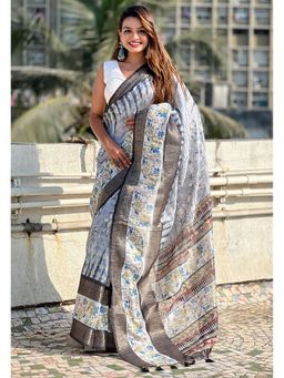 ELITE WEAVES - Grey Chanderi Crush Silk Floral Printed Saree With Unstitched Blouse