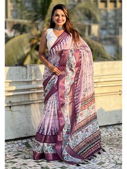 ELITE WEAVES - Lavender Chanderi Crush Silk Floral Printed Saree With Unstitched Blouse