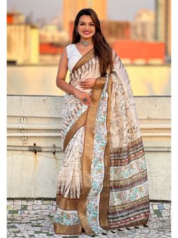 ELITE WEAVES - BeigeChanderi Crush Silk Floral Printed Saree With Unstitched Blouse