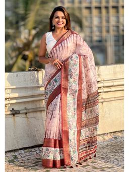 ELITE WEAVES - Peach Chanderi Crush Silk Floral Printed Saree With Unstitched Blouse