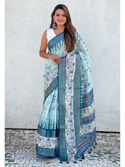 ELITE WEAVES - Blue Chanderi Crush Silk Floral Printed Saree With Unstitched Blouse