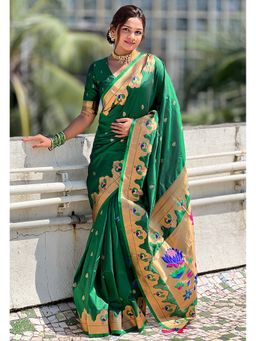 ELITE WEAVES - Green Zari Woven Lotus Yeol Paithani Silk Saree with Unstitched Blouse
