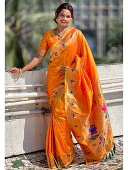 ELITE WEAVES - Orange Zari Woven Lotus Yeol Paithani Silk Saree with Unstitched Blouse