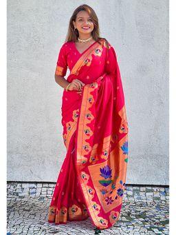 ELITE WEAVES - Pink Zari Woven Lotus Yeol Paithani Silk Saree with Unstitched Blouse