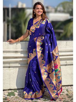 ELITE WEAVES - Blue Zari Woven Lotus Yeol Paithani Silk Saree with Unstitched Blouse