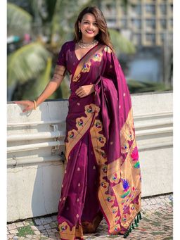 ELITE WEAVES - Wine Zari Woven Lotus Yeol Paithani Silk Saree with Unstitched Blouse