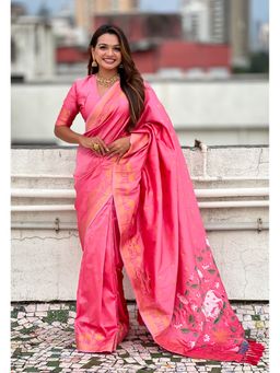ELITE WEAVES - Pink Zari Woven Pichwai Silk Saree with Unstitched Blouse