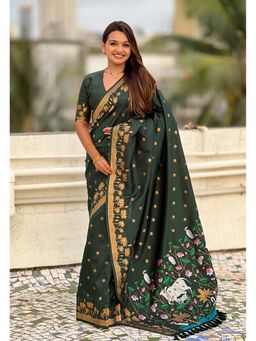 ELITE WEAVES - Green Zari Woven Pichwai Silk Saree with Unstitched Blouse