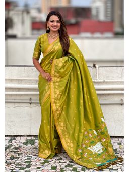 ELITE WEAVES - Green Zari Woven Pichwai Silk Saree with Unstitched Blouse