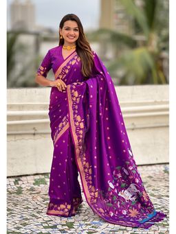 ELITE WEAVES - Purple Zari Woven Pichwai Silk Saree with Unstitched Blouse