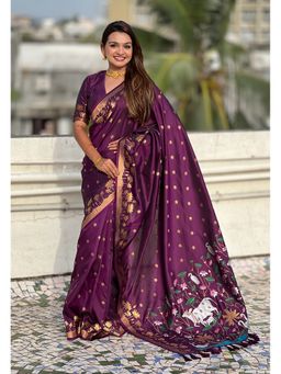 ELITE WEAVES - Wine Zari Woven Pichwai Silk Saree with Unstitched Blouse