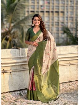 ELITE WEAVES - Green Organza Silk Floral Kalamkari Fusion Printed Saree With Unstitched Blouse