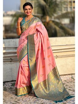 ELITE WEAVES - Pink Flower Butta Meenakari Zari Woven Saree With Unstitched Blouse