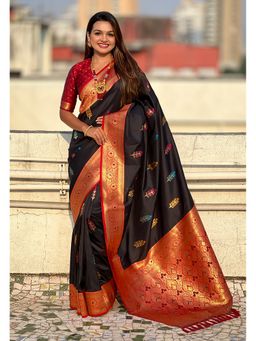ELITE WEAVES - Black Flower Butta Meenakari Zari Woven Saree With Unstitched Blouse