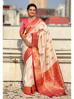 ELITE WEAVES - Cream Flower Butta Meenakari Zari Woven Saree With Unstitched Blouse