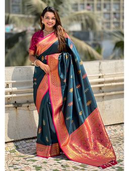ELITE WEAVES - Blue Flower Butta Meenakari Zari Woven Saree With Unstitched Blouse