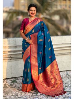 ELITE WEAVES - Blue Flower Butta Meenakari Zari Woven Saree With Unstitched Blouse