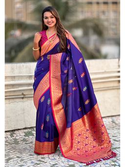 ELITE WEAVES - Blue Flower Butta Meenakari Zari Woven Saree With Unstitched Blouse