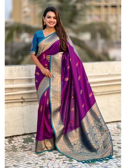 ELITE WEAVES - Purple Flower Butta Meenakari Zari Woven Saree With Unstitched Blouse