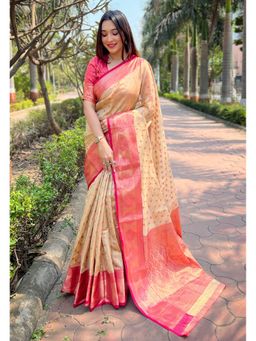 ELITE WEAVES - Cream Kanchipuram Tissue Silk Traditional Zari Woven Saree with Unstitched Blouse