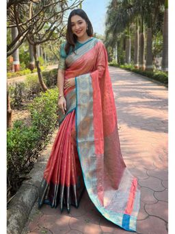 ELITE WEAVES - Peach Kanchipuram Tissue Silk Traditional Zari Woven Saree with Unstitched Blouse