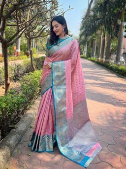 ELITE WEAVES - Pink Kanchipuram Tissue Silk Traditional Zari Woven Saree with Unstitched Blouse