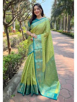 ELITE WEAVES - Green Kanchipuram Tissue Silk Traditional Zari Woven Saree with Unstitched Blouse