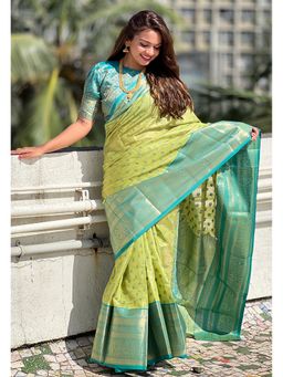 ELITE WEAVES - Green Kanchipuram Tissue Silk Traditional Zari Woven Saree with Unstitched Blouse