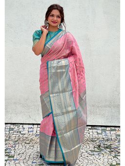 ELITE WEAVES - Pink Kanchipuram Tissue Silk Traditional Zari Woven Saree with Unstitched Blouse