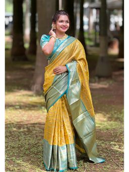 ELITE WEAVES - Yellow Kanchipuram Tissue Silk Traditional Zari Woven Saree with Unstitched Blouse