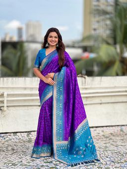 ELITE WEAVES - Soft Silk Zari Woven Patola Saree with Unstitched Blouse