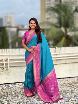 ELITE WEAVES - Soft Silk Zari Woven Patola Saree with Unstitched Blouse