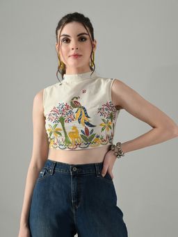 MYSHKA - Women Off White Multicolor Thread Embroidered Stitched Blouse