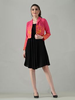MYSHKA - Women Pink Embroidered Jacket with Black Knee Length Dress