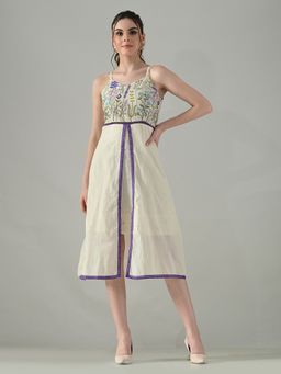 MYSHKA - Women Off White Multicolor Thread Embroidered Midi Dress
