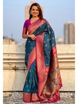 ELITE WEAVES - Teal Zari Woven Nath Yeol Paithani Silk Saree with Unstitched Blouse