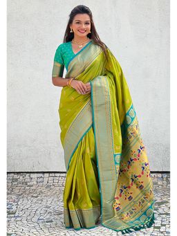 ELITE WEAVES - Green Zari Woven Nath Yeol Paithani Silk Saree with Unstitched Blouse