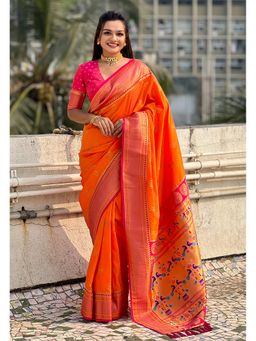 ELITE WEAVES - Orange Zari Woven Nath Yeol Paithani Silk Saree with Unstitched Blouse