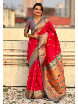 ELITE WEAVES - Pink Zari Woven Nath Yeol Paithani Silk Saree with Unstitched Blouse