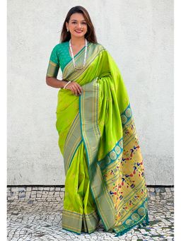 ELITE WEAVES - Green Zari Woven Nath Yeol Paithani Silk Saree with Unstitched Blouse