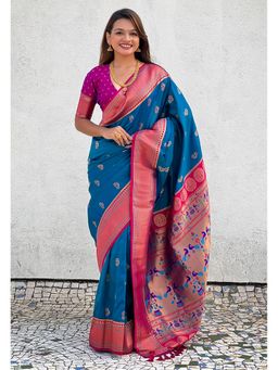 ELITE WEAVES - Blue Zari Woven Nath Yeol Paithani Silk Saree with Unstitched Blouse