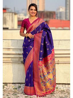 ELITE WEAVES - Purple Zari Woven Nath Yeol Paithani Silk Saree with Unstitched Blouse