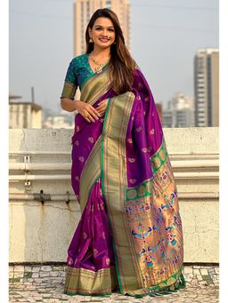 ELITE WEAVES - Purple Zari Woven Nath Yeol Paithani Silk Saree with Unstitched Blouse