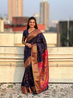 ELITE WEAVES - Navy Blue Zari Woven Nath Yeol Paithani Silk Saree with Unstitched Blouse