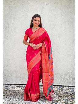 ELITE WEAVES - Pink Zari Woven Nath Yeol Paithani Silk Saree with Unstitched Blouse