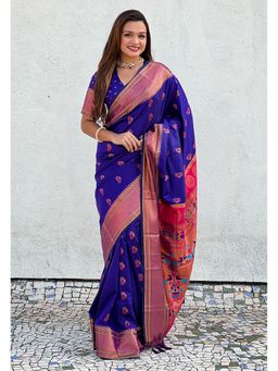 ELITE WEAVES - Blue Zari Woven Nath Yeol Paithani Silk Saree with Unstitched Blouse