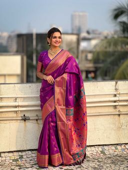 ELITE WEAVES - Magenta Zari Woven Nath Yeol Paithani Silk Saree with Unstitched Blouse