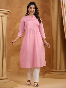 SPAN - Cotton Self Design Mandarin Neck Three Fourth Sleeves Pink Kurta