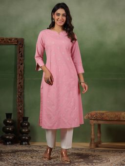 SPAN - Cotton Embroidered Round Neck Three Fourth Sleeves Off White Kurta