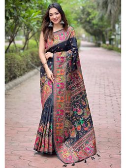 ELITE WEAVES - Black Pashmina Kashmiri Silk Zari Woven Saree with Unstitched Blouse